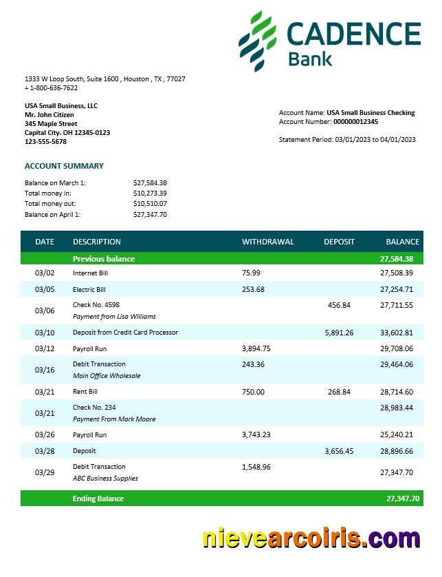 Cadence Bank corporate checking account statement